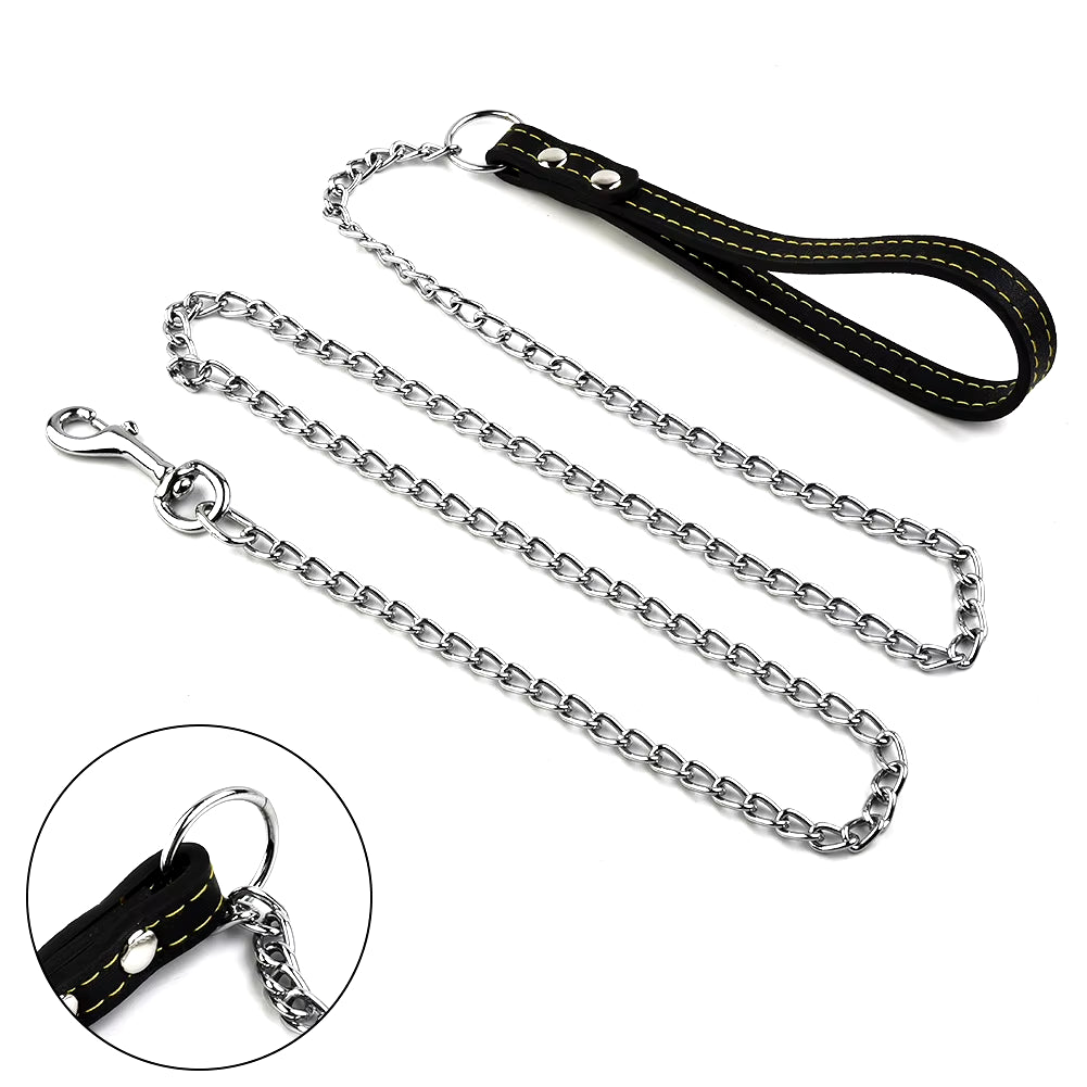 Dog Leash Metal Chain Dog Black 2.0Mm*120Cm with Leather Style Handle Strong Control Leash Pet Supplies Iron Towing Rope