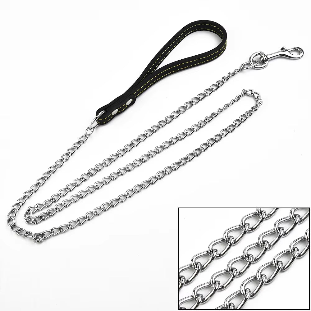 Dog Leash Metal Chain Dog Black 2.0Mm*120Cm with Leather Style Handle Strong Control Leash Pet Supplies Iron Towing Rope