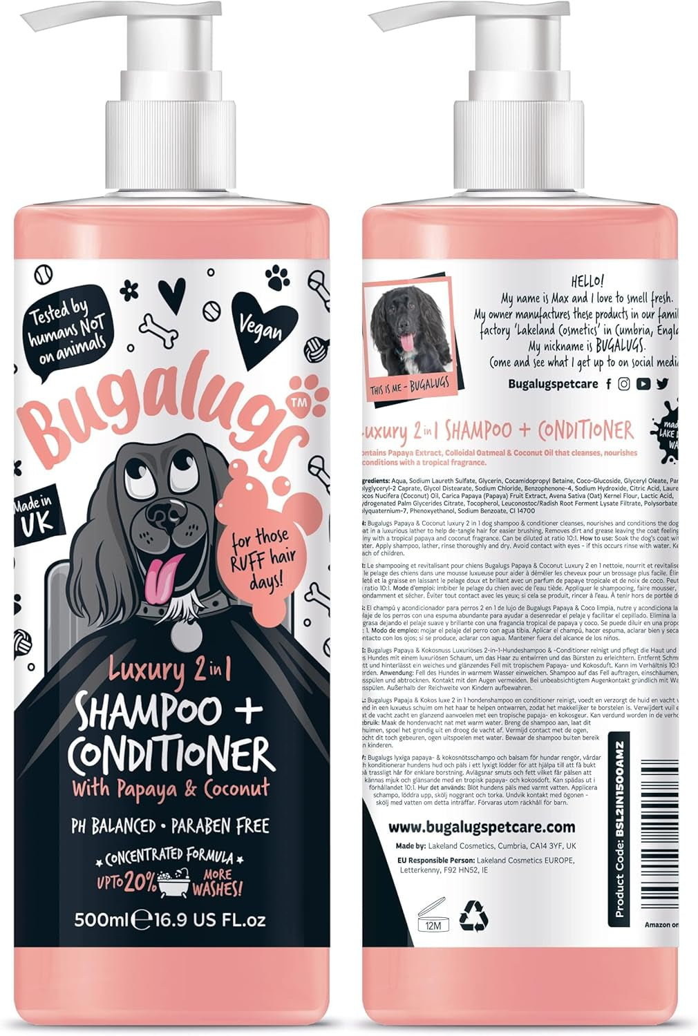 Dog Shampoo Luxury 2 in 1 Papaya & Coconut Dog Grooming Shampoo Products for Smelly Dogs with Fragrance, Best Puppy Shampoo, Professional Groom Vegan Pet Shampoo & Conditioner