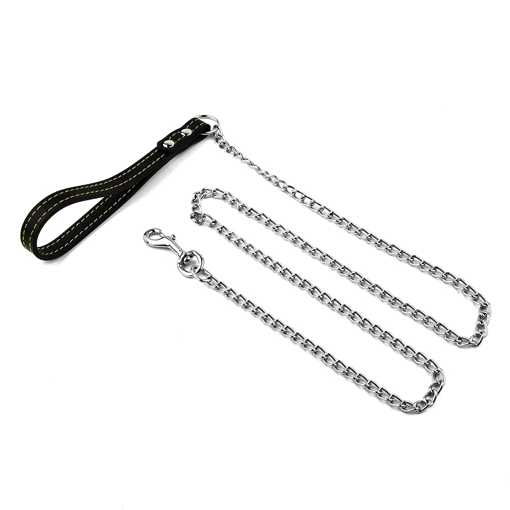 Dog Leash Metal Chain Dog Black 2.0Mm*120Cm with Leather Style Handle Strong Control Leash Pet Supplies Iron Towing Rope
