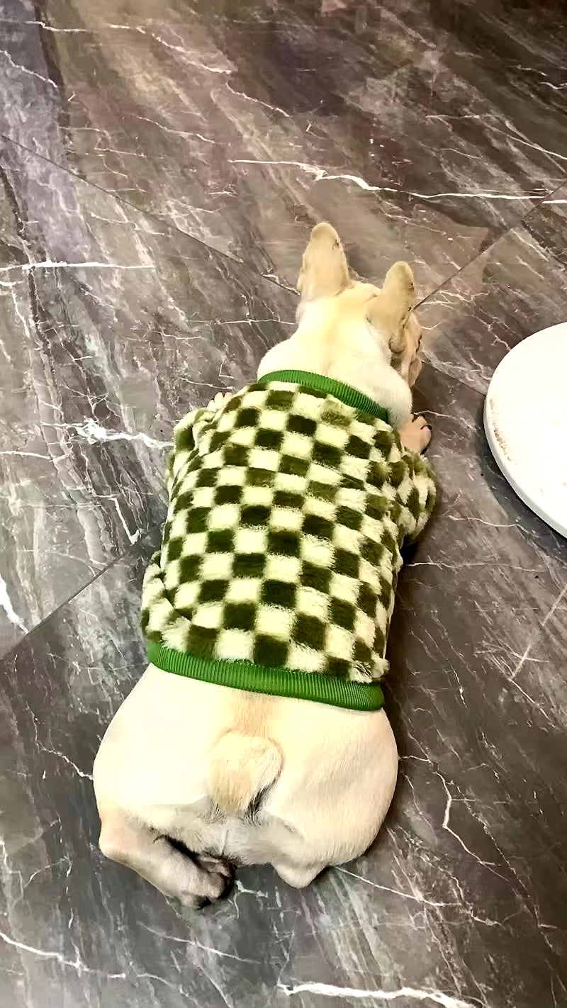 French Bulldog Winter Dog Clothes Coat Warm and Thickened Vest Jacket Fat Dog Costume Bulldog Pug Green Plaid Pet Dog Clothes