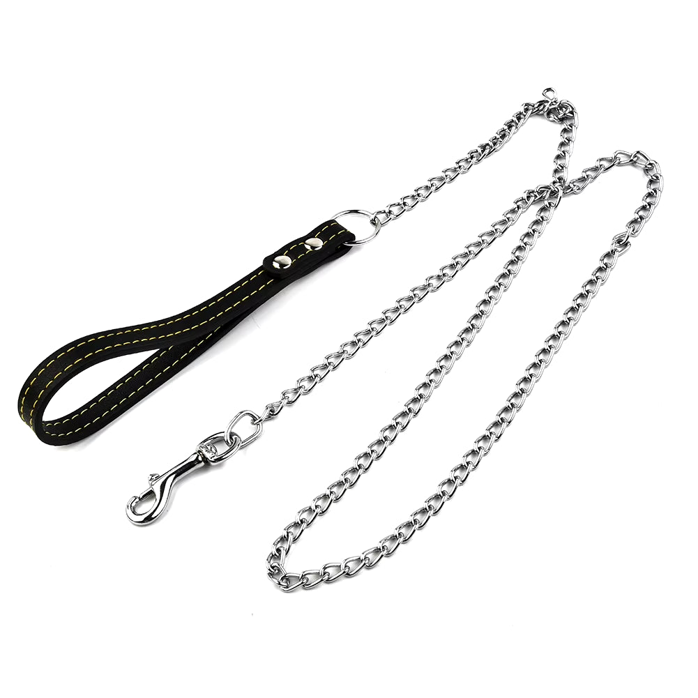 Dog Leash Metal Chain Dog Black 2.0Mm*120Cm with Leather Style Handle Strong Control Leash Pet Supplies Iron Towing Rope