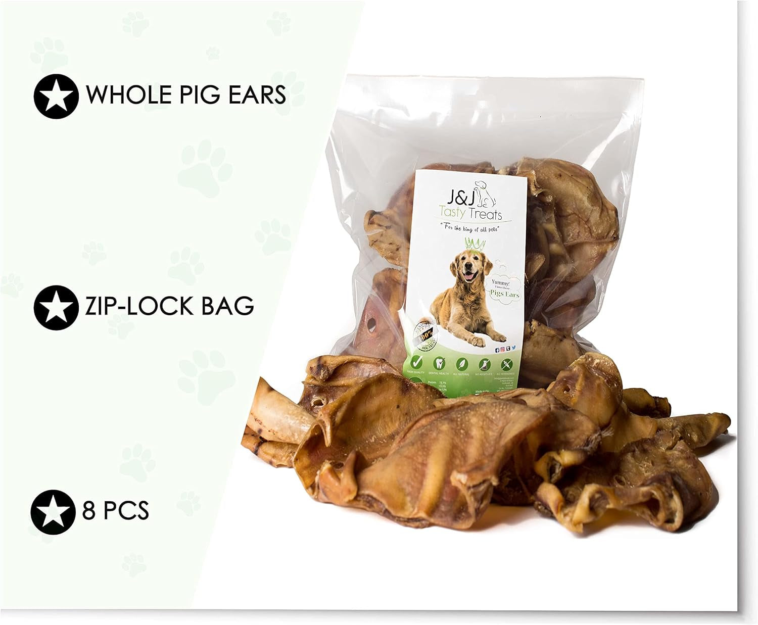 Premium Pigs Ears for Dogs - 8 Large Pieces for Highest Welfare Grade - Whole Natural Dried Healthy Snack Pork Ear Chew Treats by