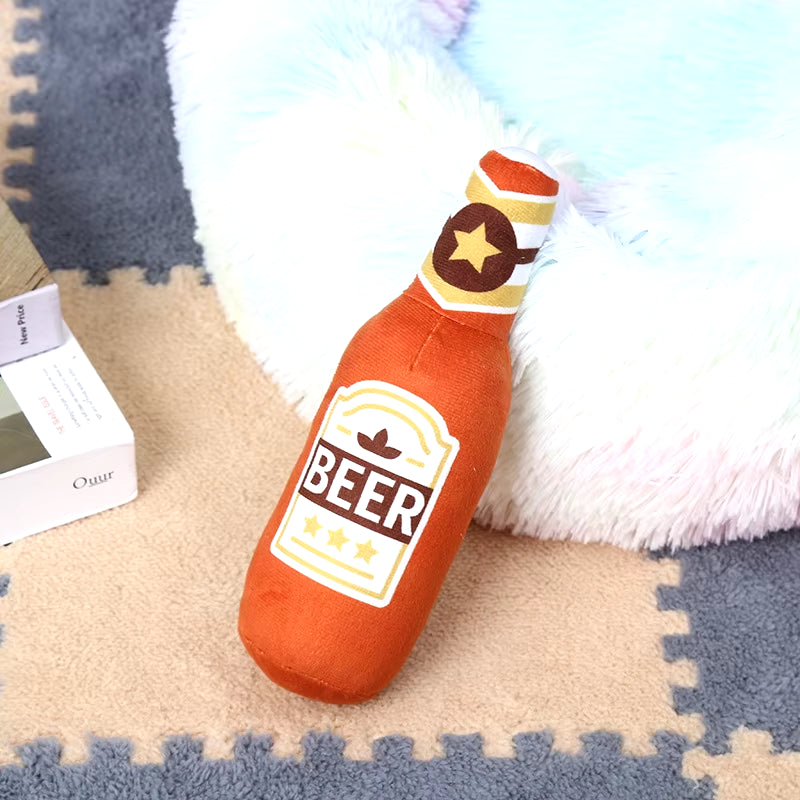 Dog Plush Toys Pet Squeaky Printed Beer Bottle Shape Toy Dog Bite-Resistant Clean Teeth Chew Toy Pet Supplies Interactive Toys