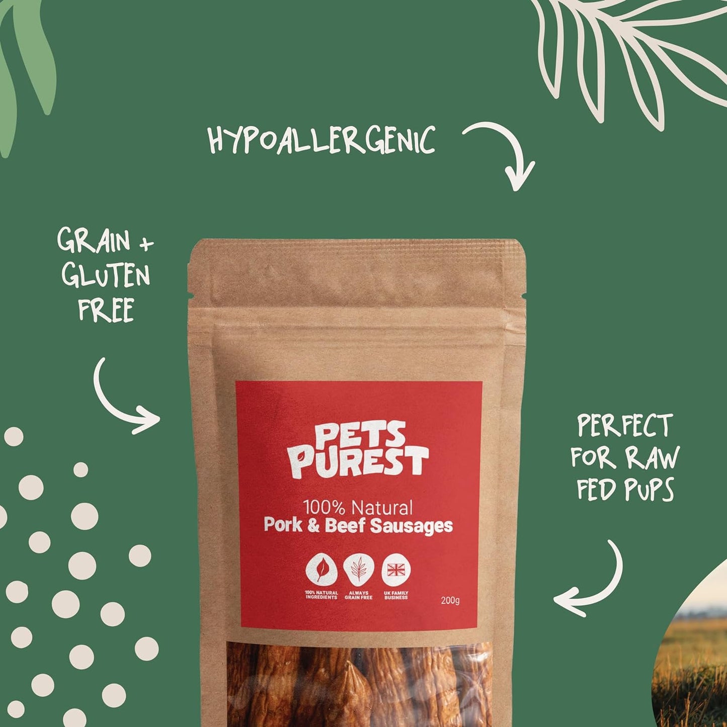 Natural Dog Treat Chews - 100% Healthy Air-Dried Pork & Beef Sausage Meat Treats for Dogs, Puppy & Senior. Grain & Gluten Free Low Fat Raw Protein Dog Food Snack (200G)