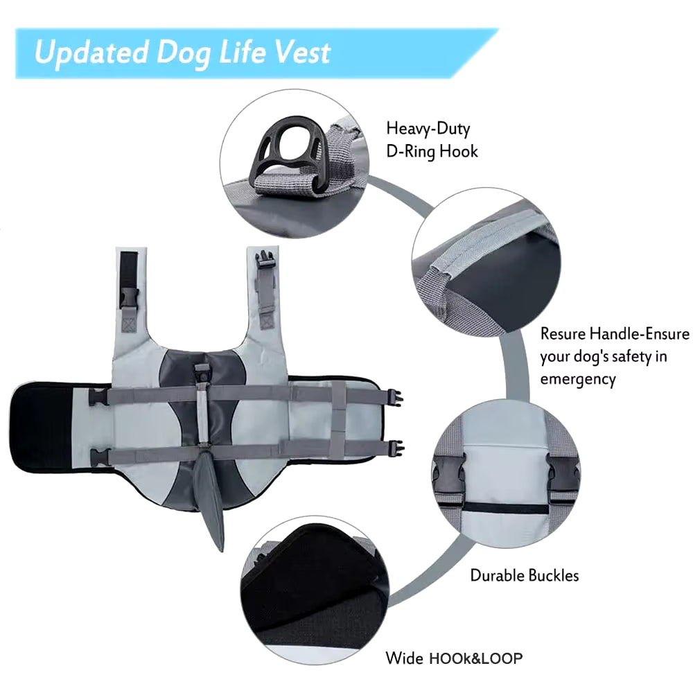 Shark Shaped Dog Life Jacket Enhanced Buoyancy Small Dogs Swimming Clothes Safety Vest with Handle for Medium Large Dogs Surfing