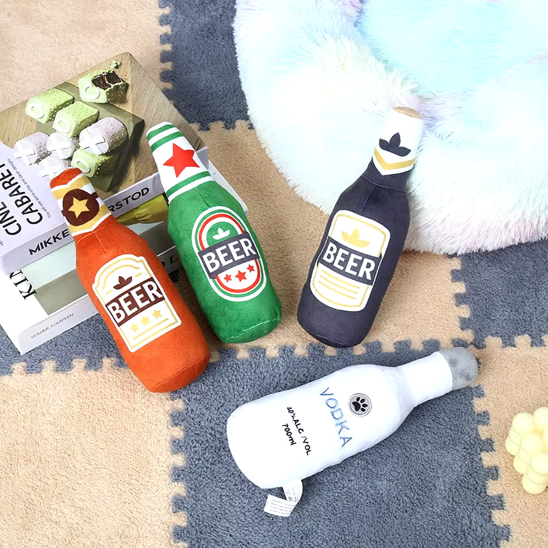 Dog Plush Toys Pet Squeaky Printed Beer Bottle Shape Toy Dog Bite-Resistant Clean Teeth Chew Toy Pet Supplies Interactive Toys
